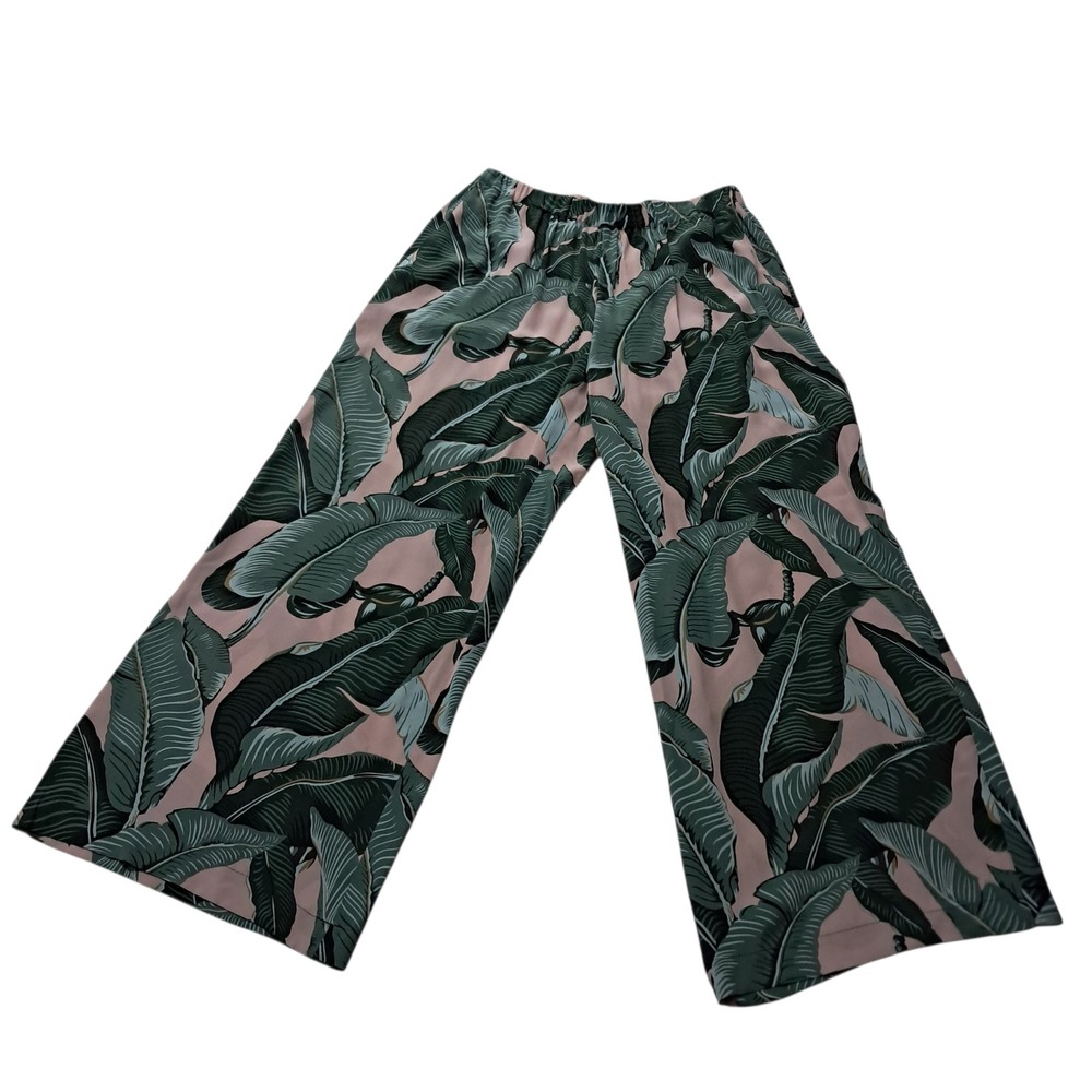 Weekend Max Mara Pants Womens 8 Pink Green Silk Tropical Leaf Wide Leg Vacation
